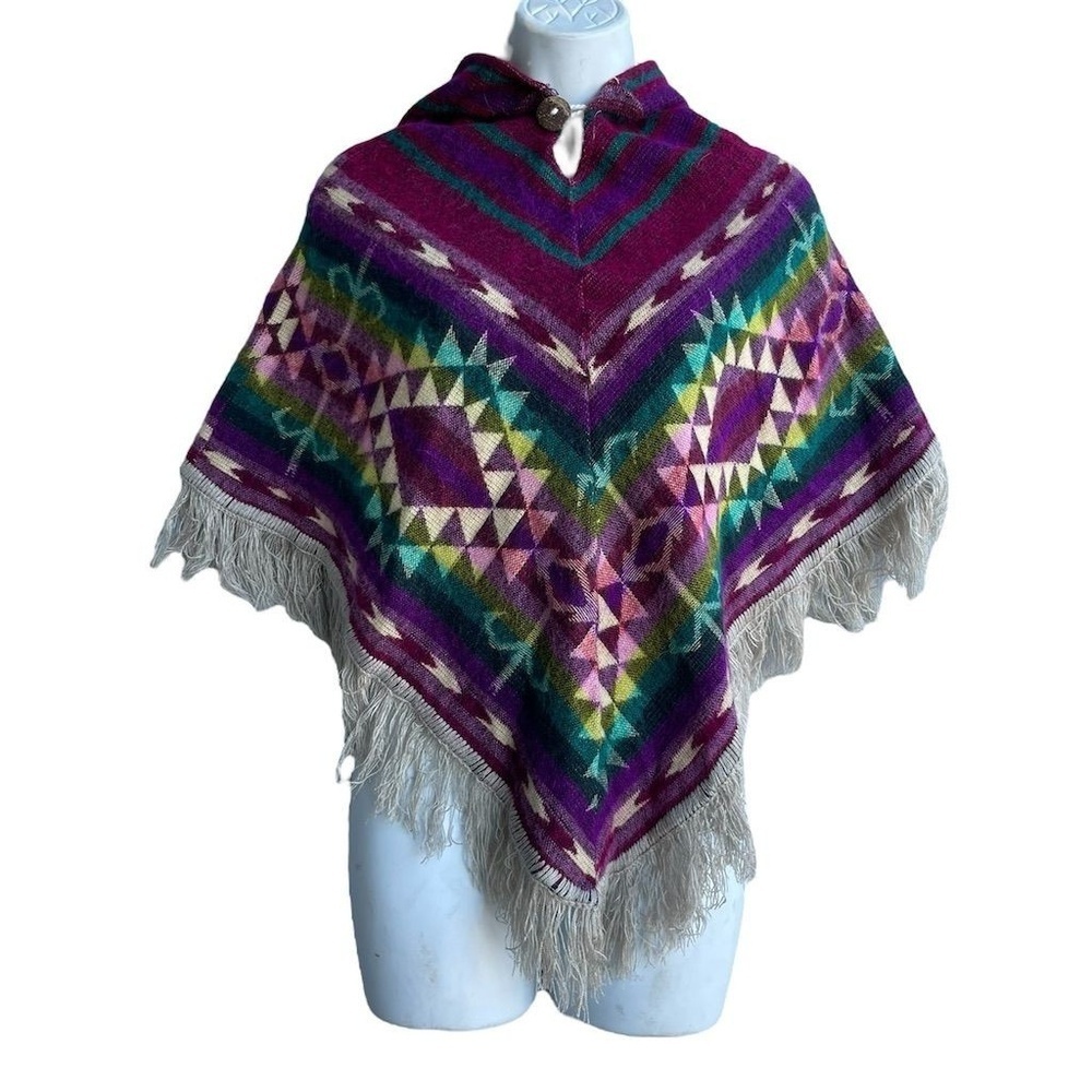UNBRANDED Hooded Poncho Womens XS Multicolor Geometric Boho Fringe